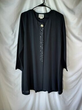 Vintage Mode Sara Black Embellished Longline Cardigan with Decorative Pin